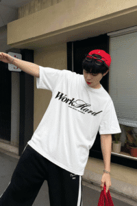 Streetwear styling with Local Brand T-Shirt D&P Apparel 35 Boxy Fit T-Shirt Printed with Work Hard