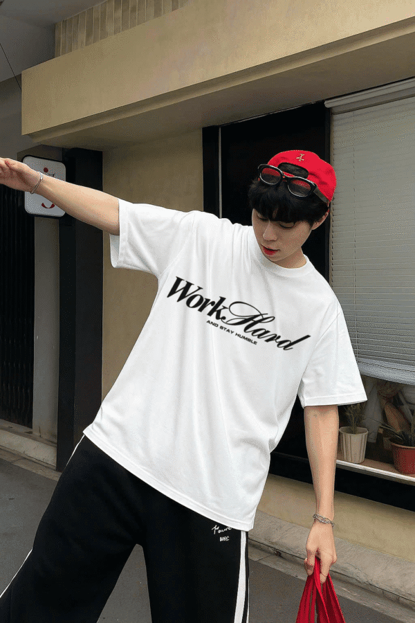 Unisex Local Brand Boxy Fit T-Shirt Printed with Work Hard - Image 4