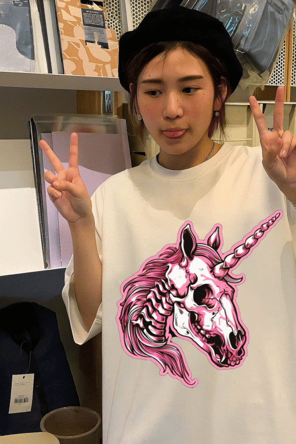 Unisex Local Brand Boxy Fit T-Shirt Printed with Unicorn Skull